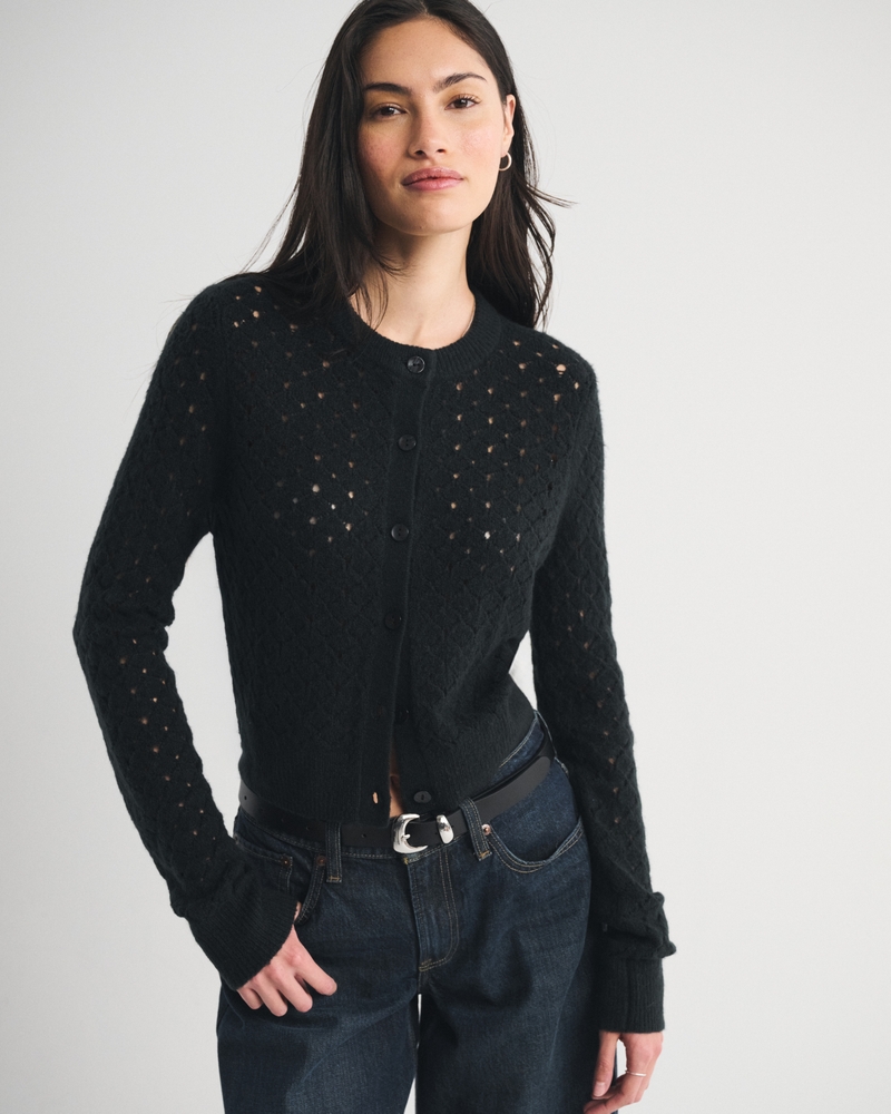 Shrunken Pointelle Crew Cardigan - thumbnail 2