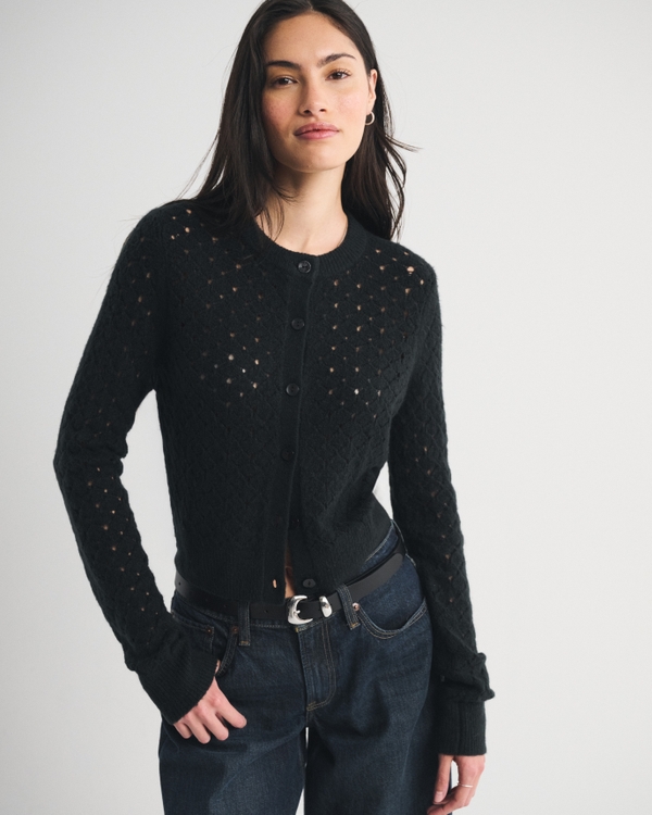 Shrunken Pointelle Crew Cardigan, Black view 1