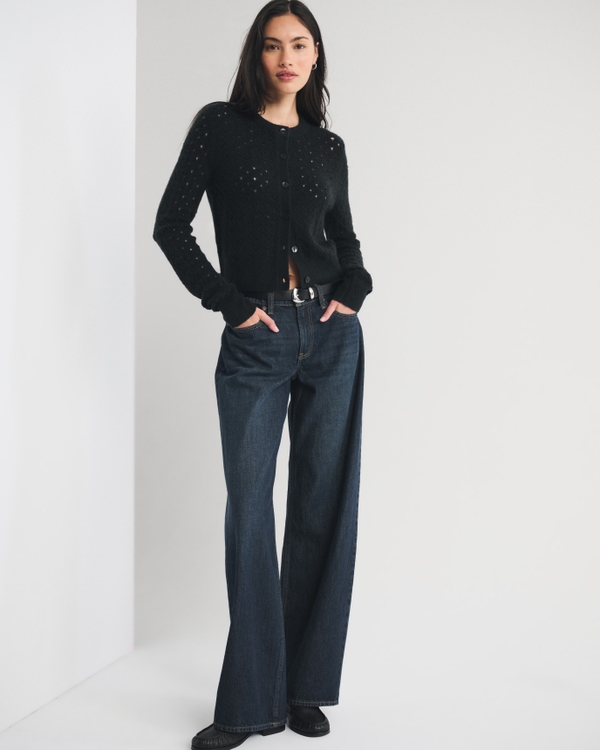 Shrunken Pointelle Crew Cardigan, Black view 2