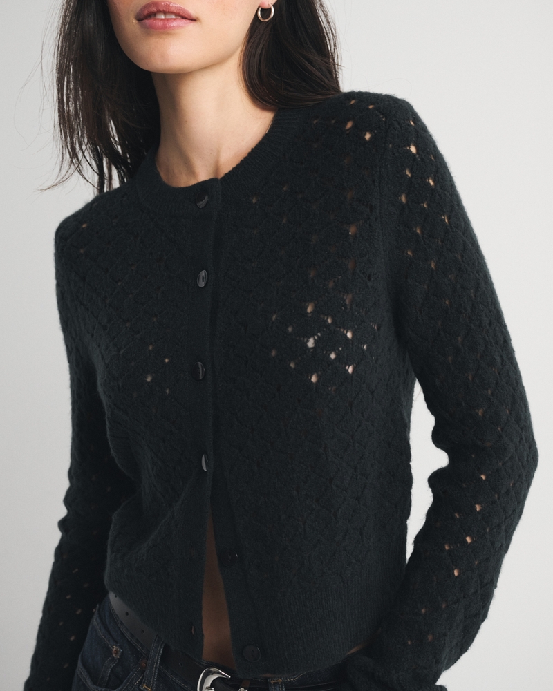 Shrunken Pointelle Crew Cardigan - thumbnail 3