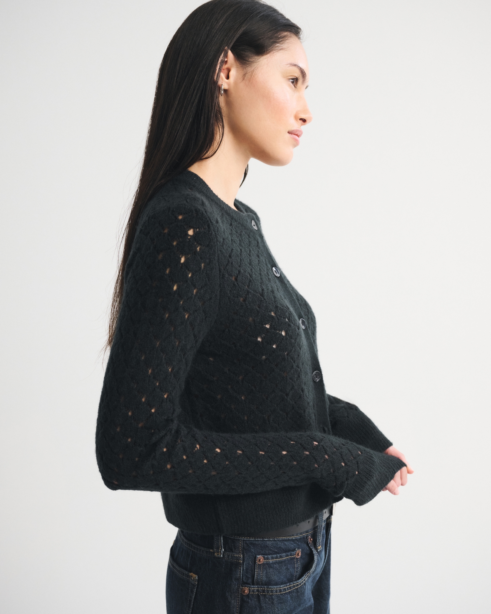 Shrunken Pointelle Crew Cardigan