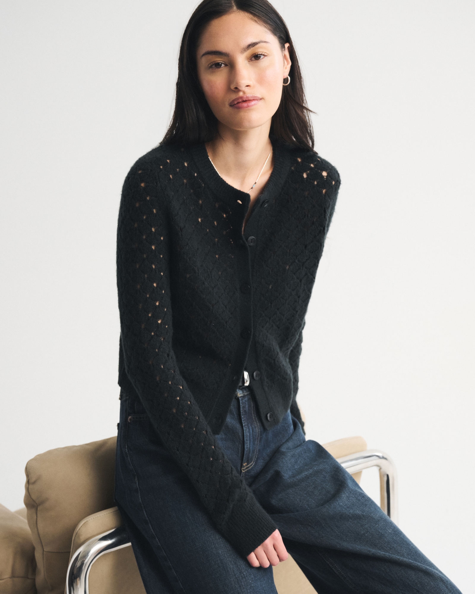 Shrunken Pointelle Crew Cardigan