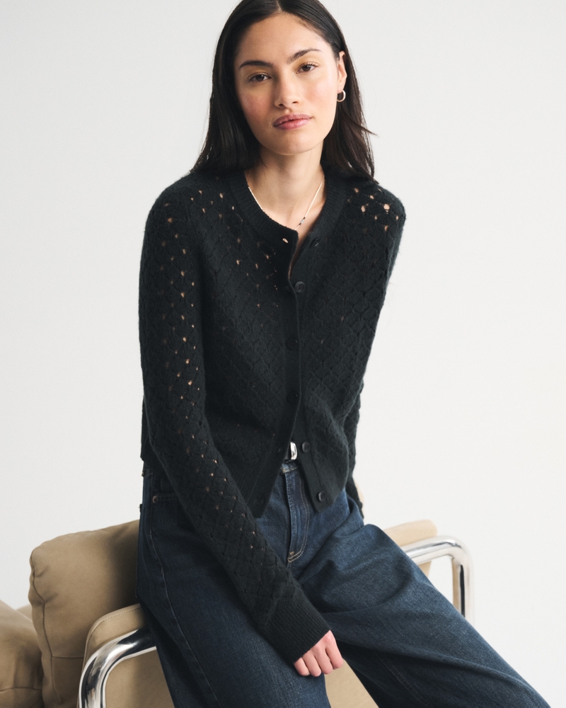 Shrunken Pointelle Crew Cardigan - thumbnail 6