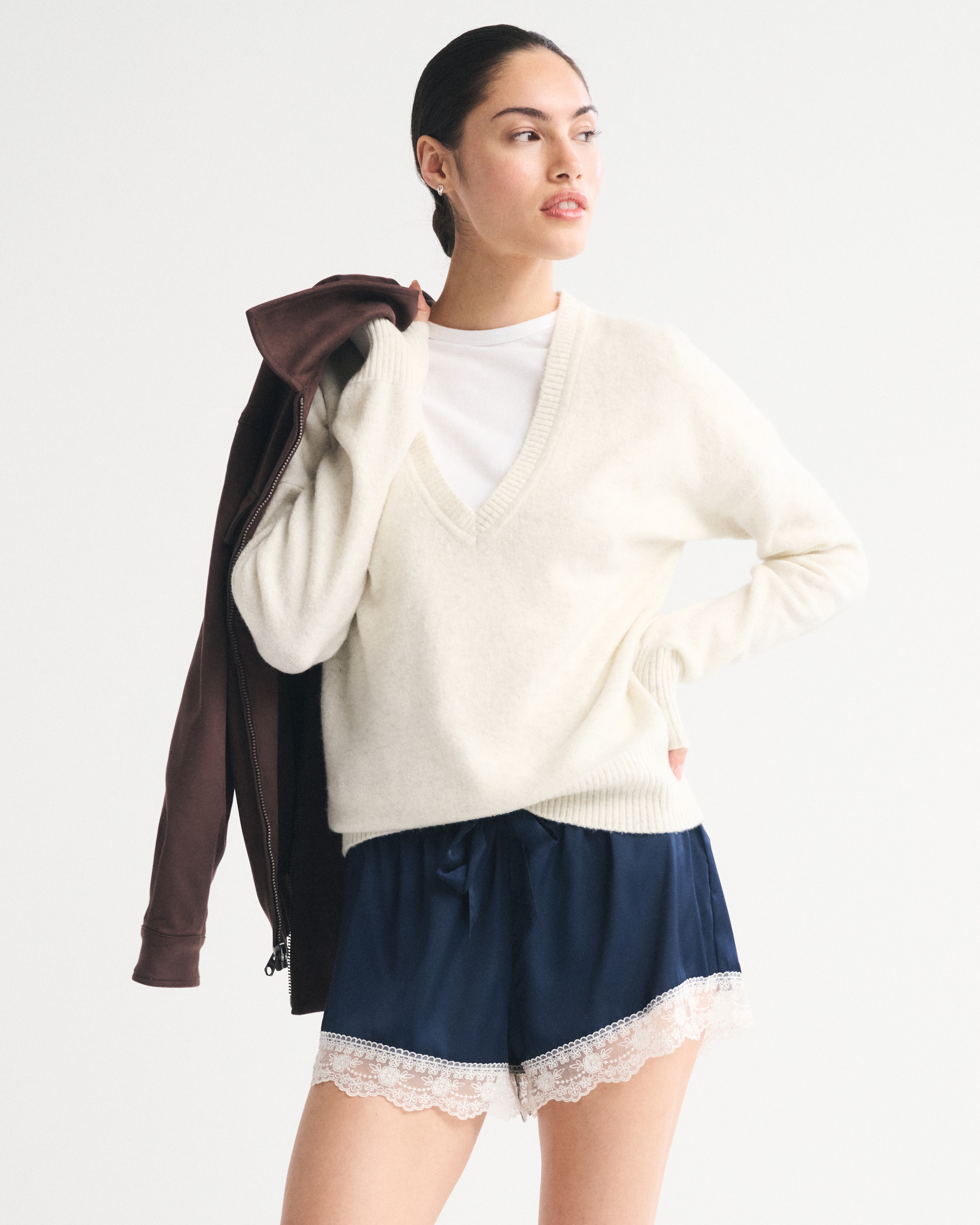 Abercrombie & Fitch Merino Wool-blend Plunge Sweater In Neutral