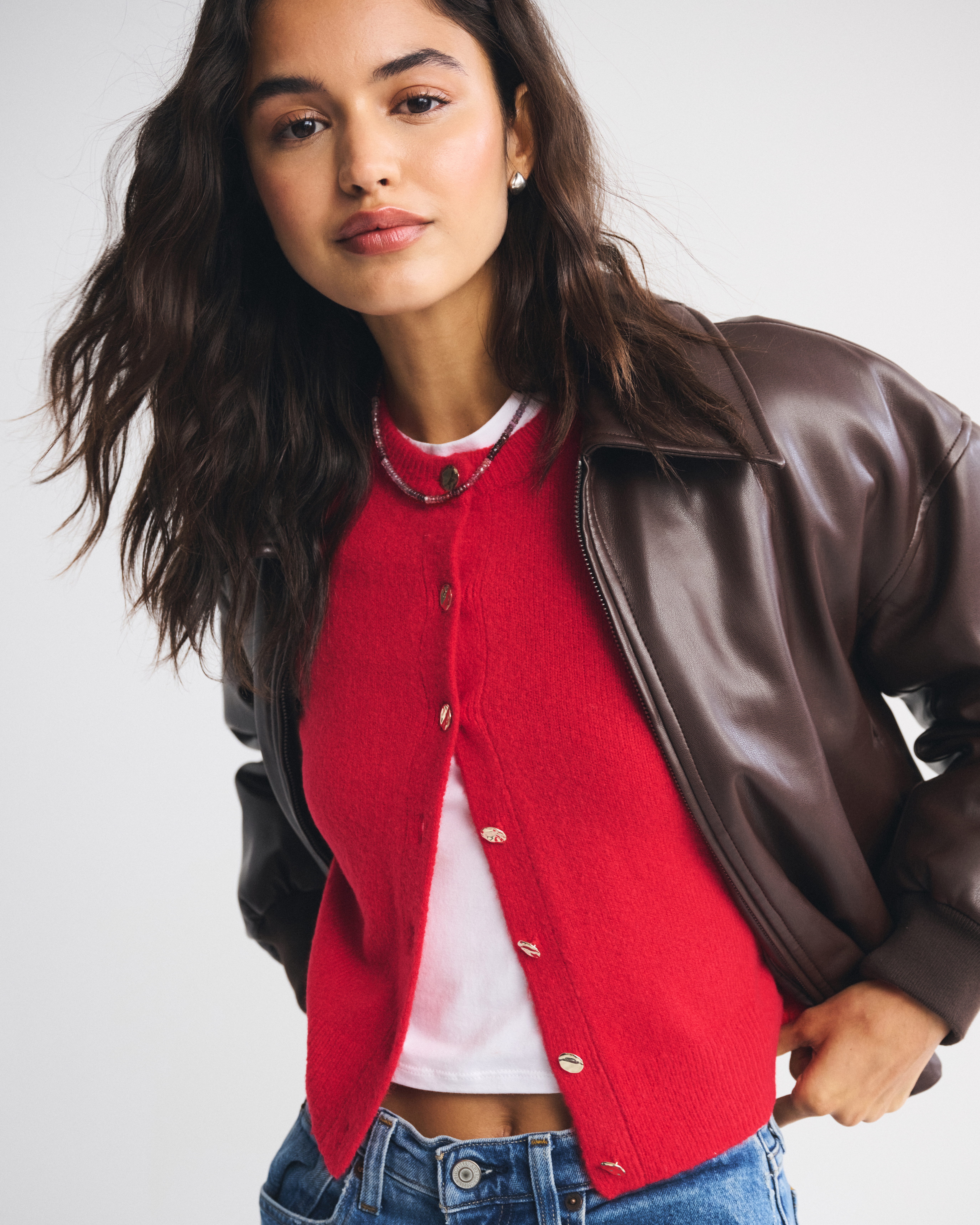 Abercrombie & Fitch Shrunken Crew Cardigan In Neutral