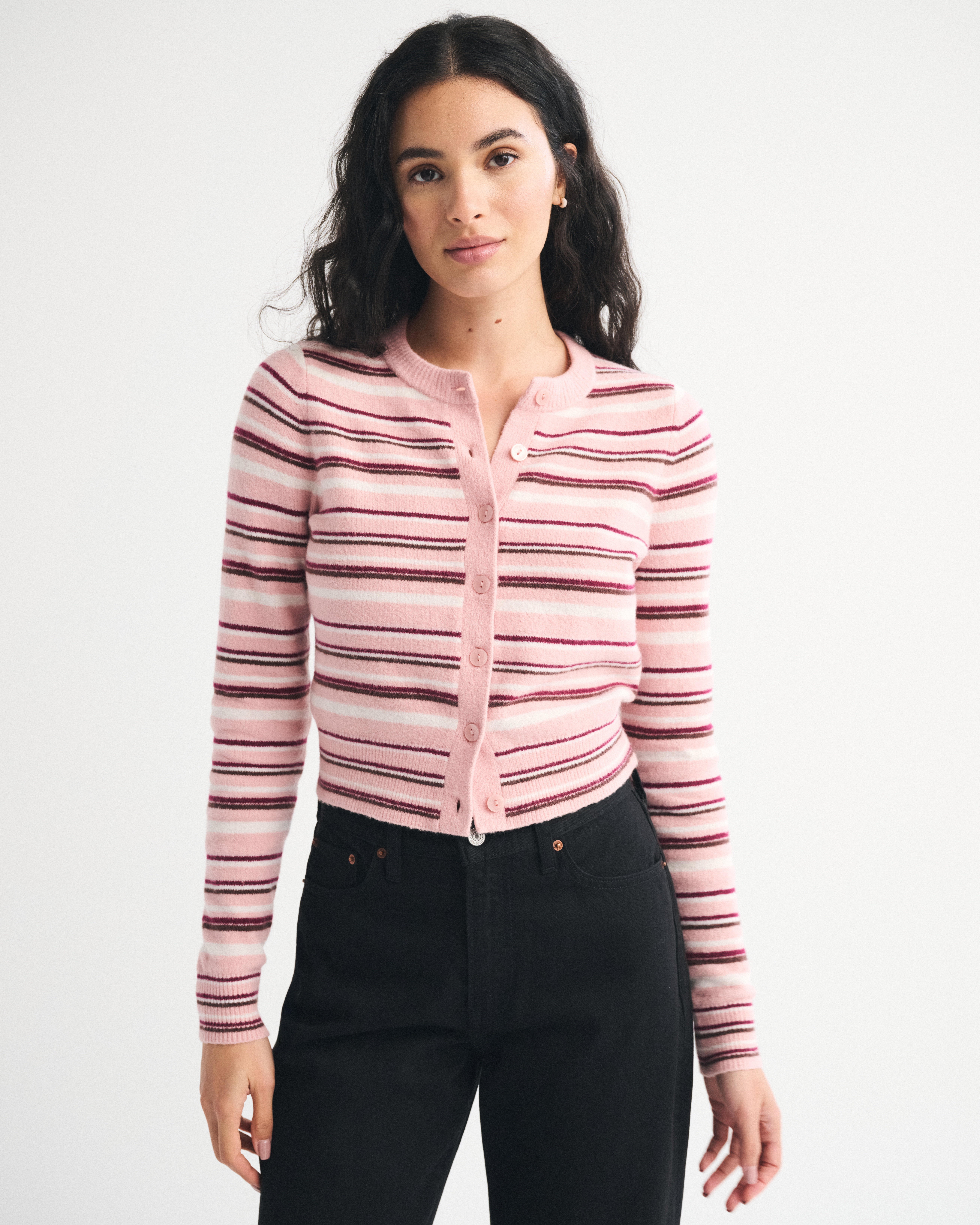 Abercrombie & Fitch Shrunken Striped Crew Cardigan In Multi