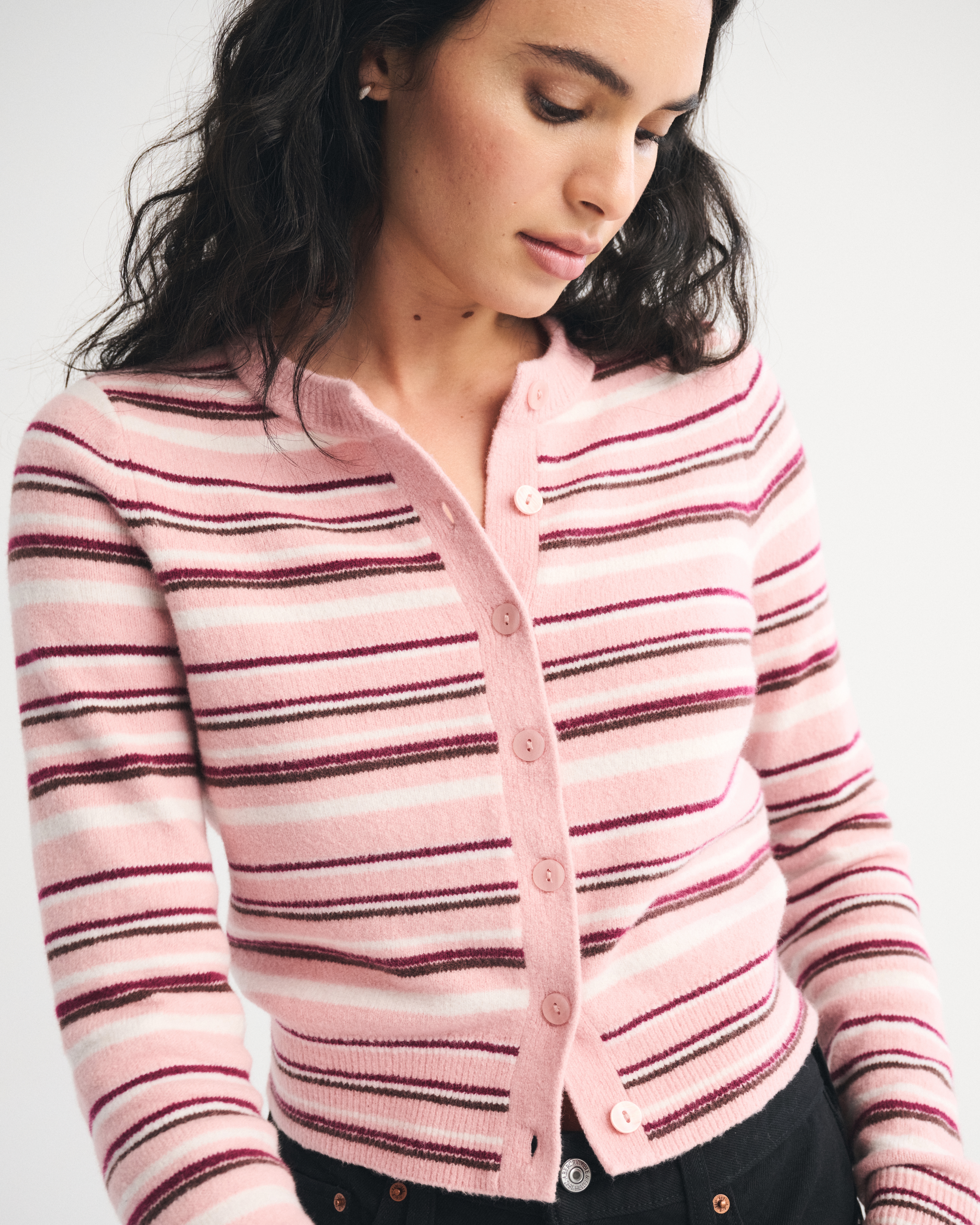 Abercrombie & Fitch Shrunken Striped Crew Cardigan In Multi