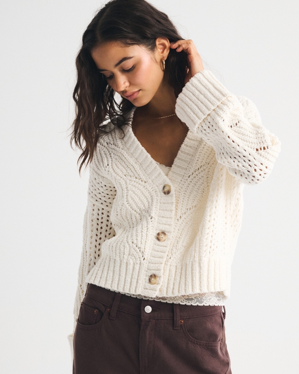 Textural Stitch V-Neck Cardigan, Cream view 1