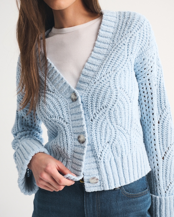 Textural Stitch V-Neck Cardigan, Pastel Blue view 1