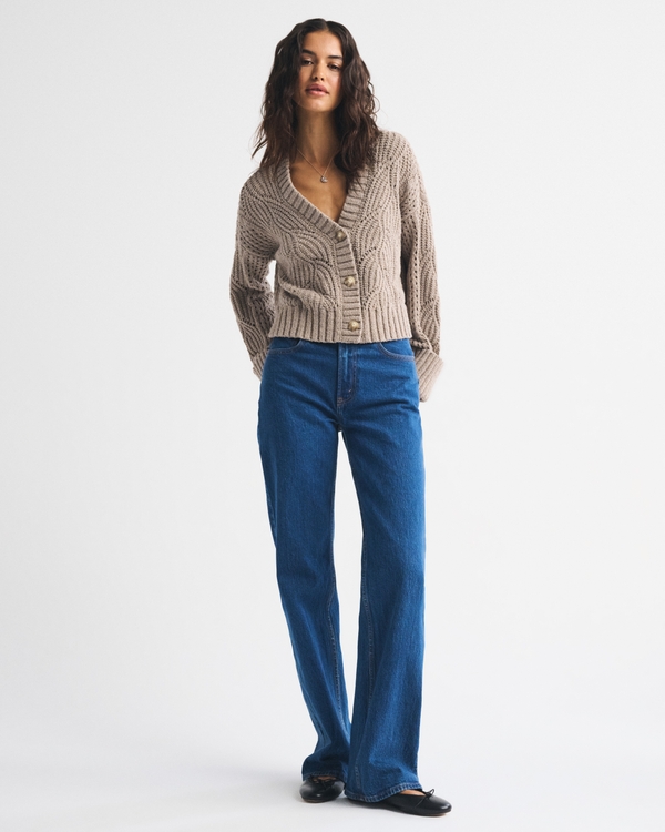 Textural Stitch V-Neck Cardigan, Light Brown view 2