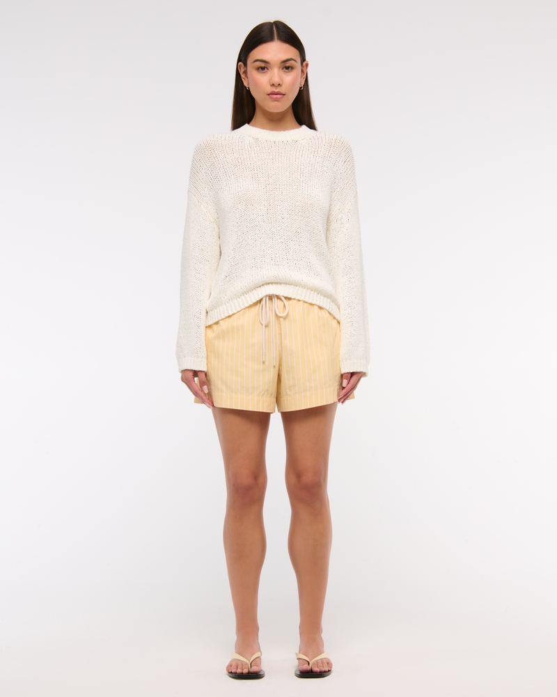 Open-Stitch Textural Crew Sweater
