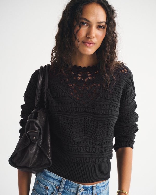 Cutwork Crew Sweater, Black view 1