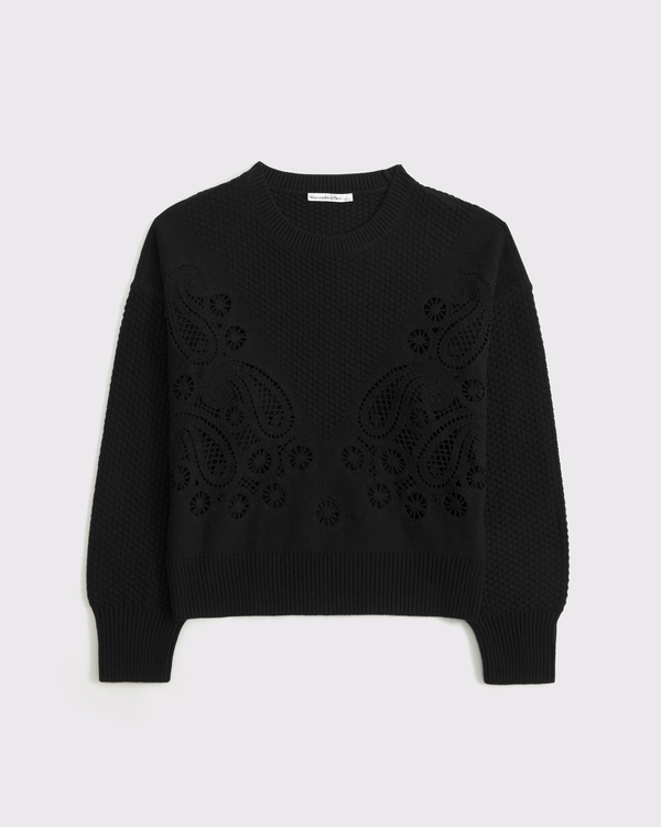Paisley Stitch Crew Sweater, Black view 1