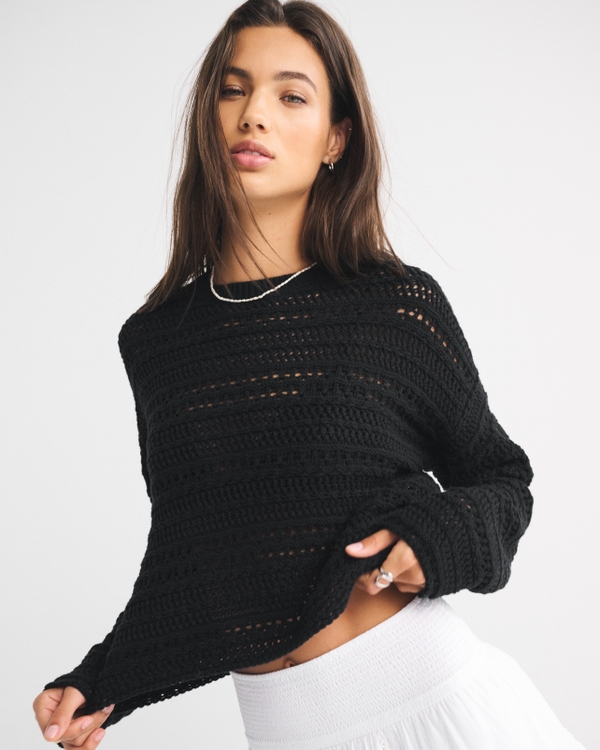 Eclectic Open-Stitch Crew Sweater, Black view 1