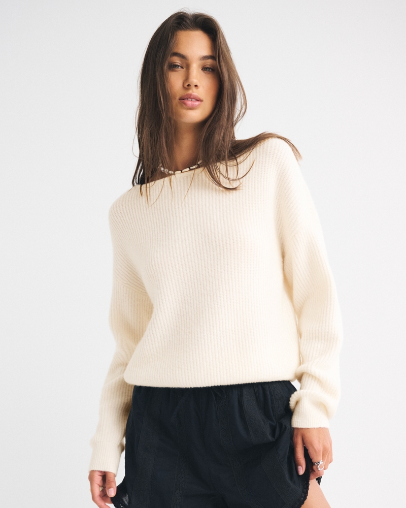 Wool-Blend Slashneck Sweater