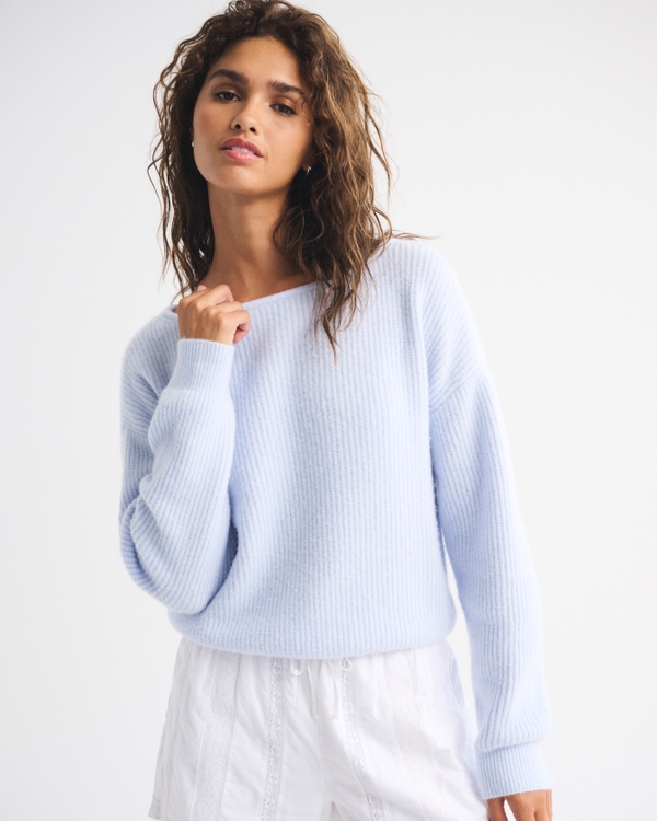Wool-Blend Slashneck Sweater, Light Blue view 1