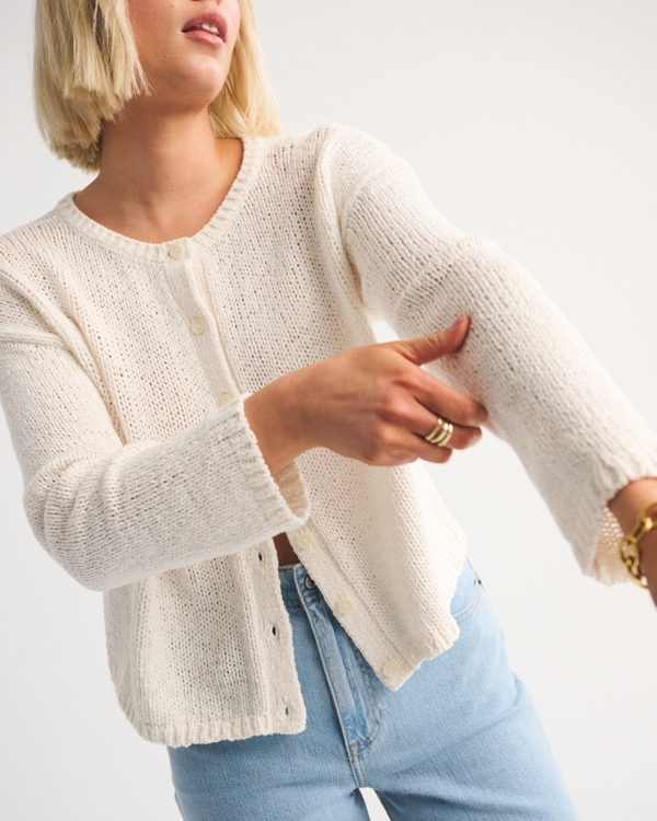 Open-Stitch Textural Crew Cardigan