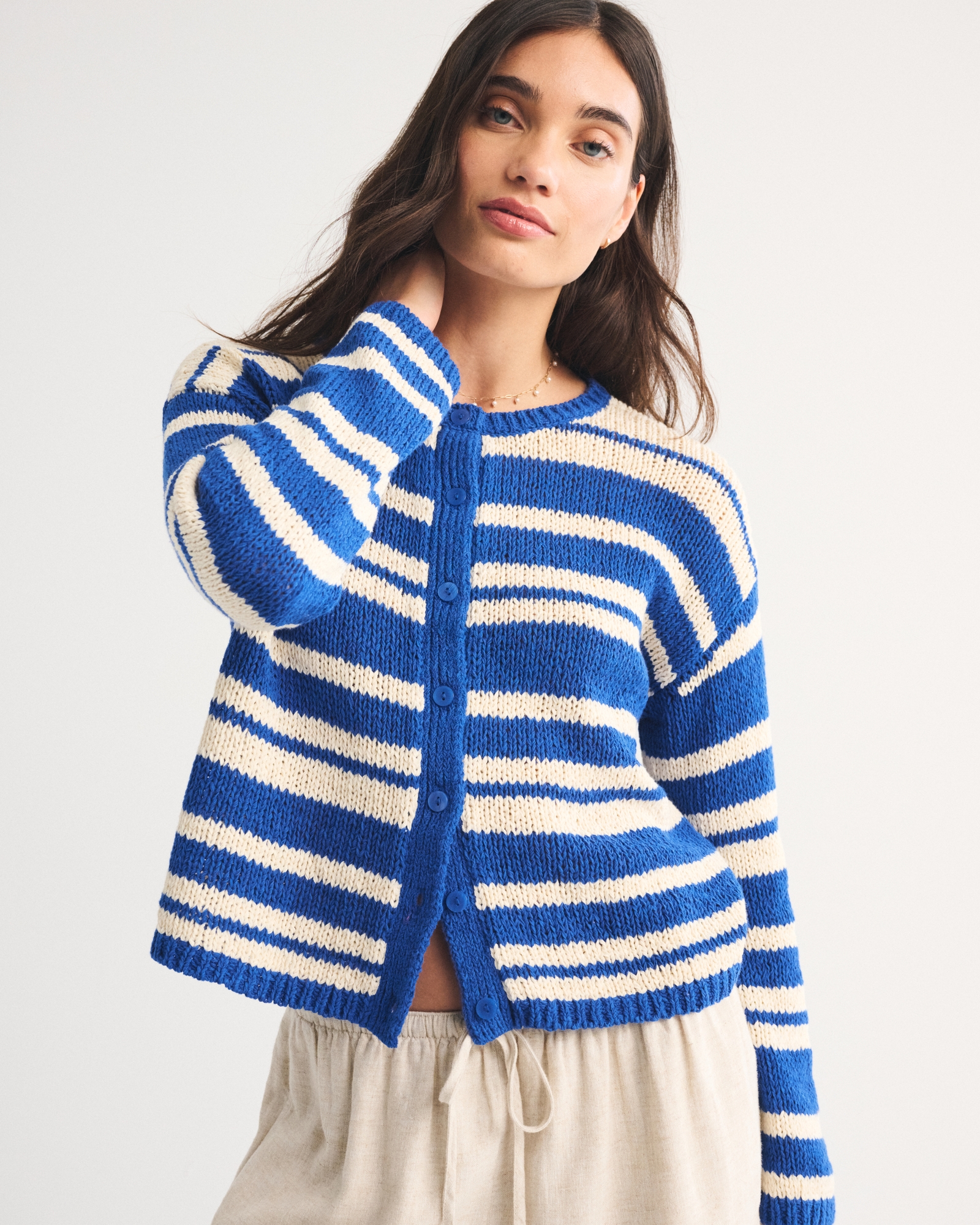 Open-Stitch Textural Crew Cardigan