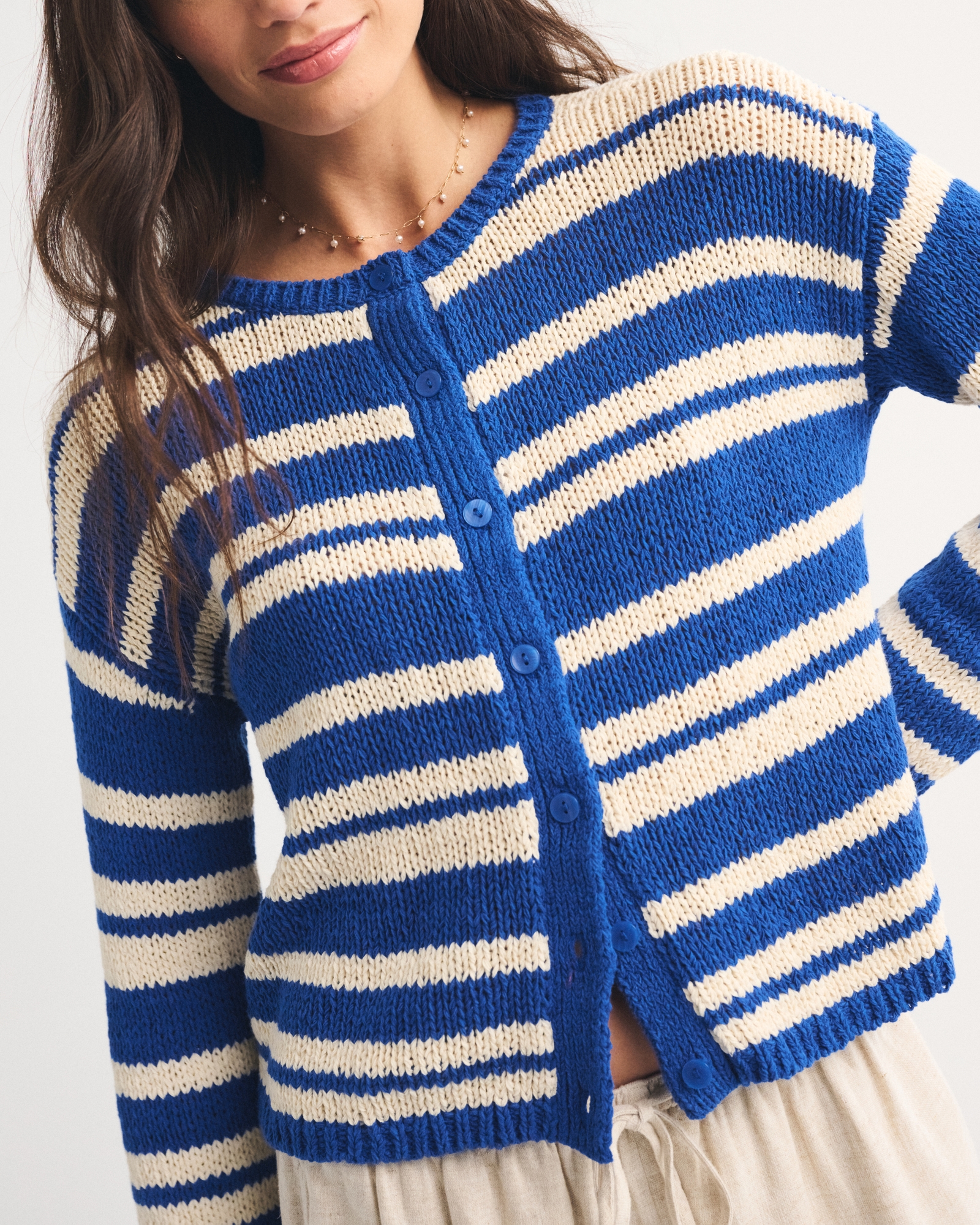 Open-Stitch Textural Crew Cardigan