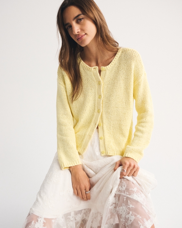 Open-Stitch Textural Crew Cardigan