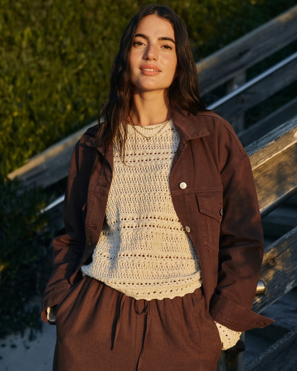 Textural Open-Stitch Crew Sweater, Cream view 1