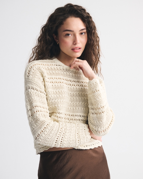 Textural Open-Stitch Crew Sweater, Cream view 1