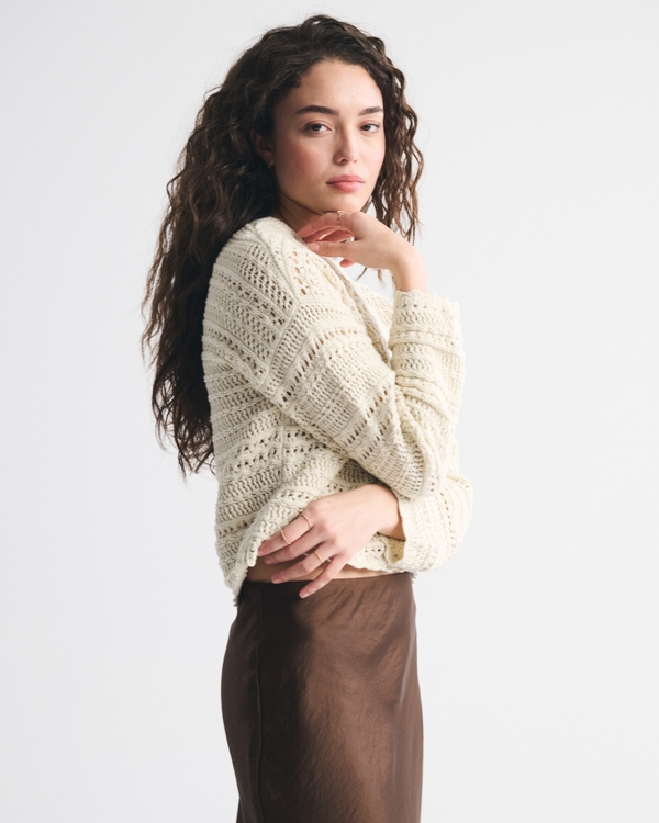 Textural Open-Stitch Crew Sweater