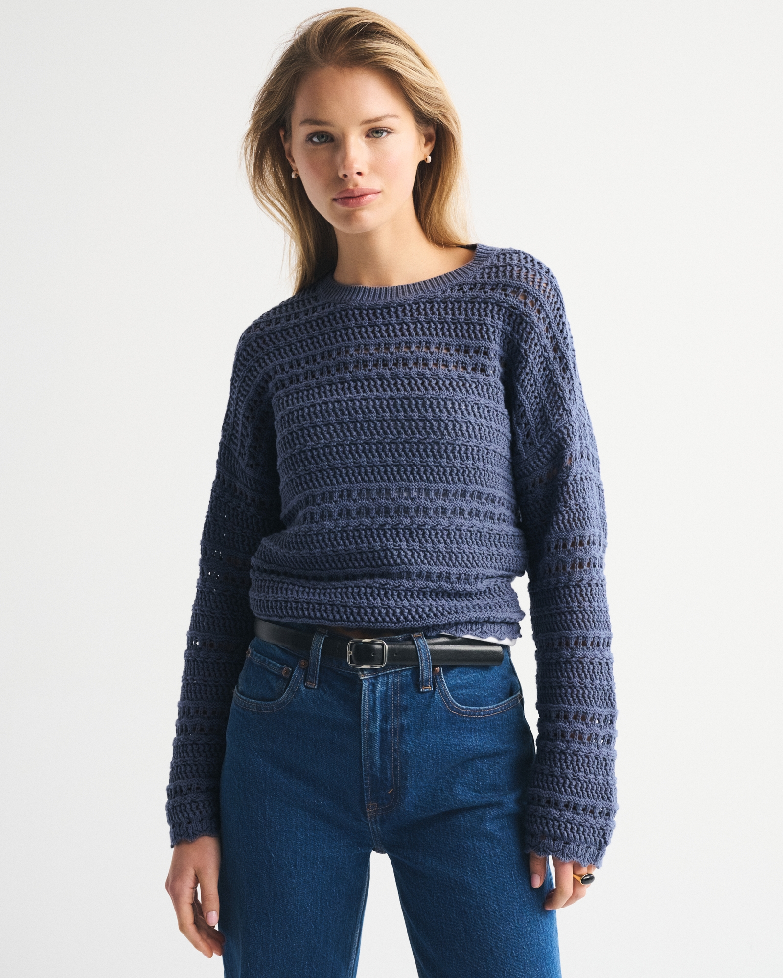 Textural Open-Stitch Crew Sweater