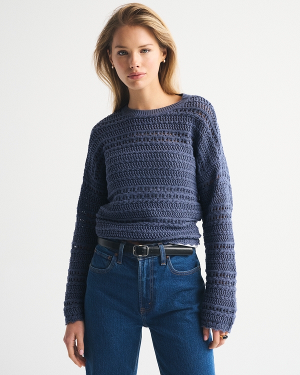 Textural Open-Stitch Crew Sweater, Blue view 1