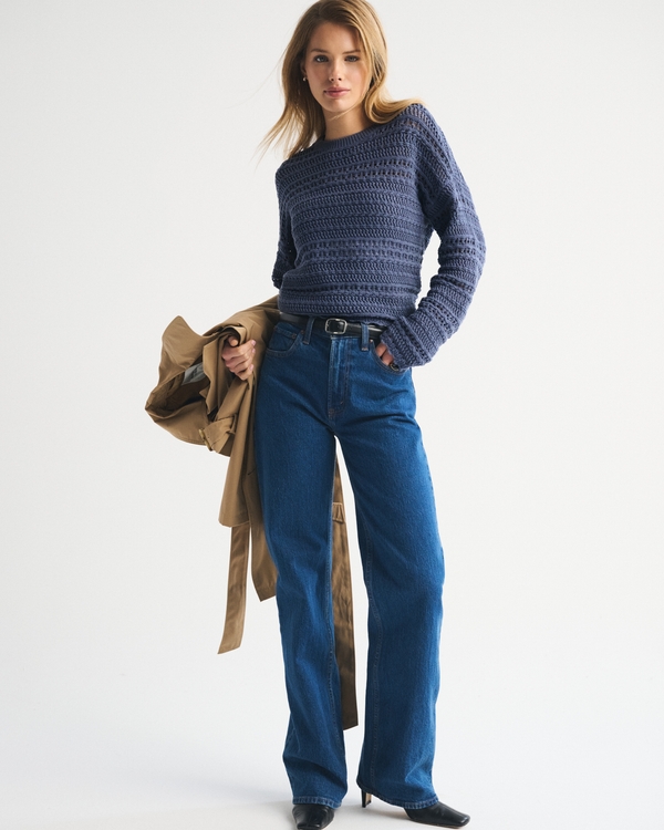 Textural Open-Stitch Crew Sweater, Blue view 2