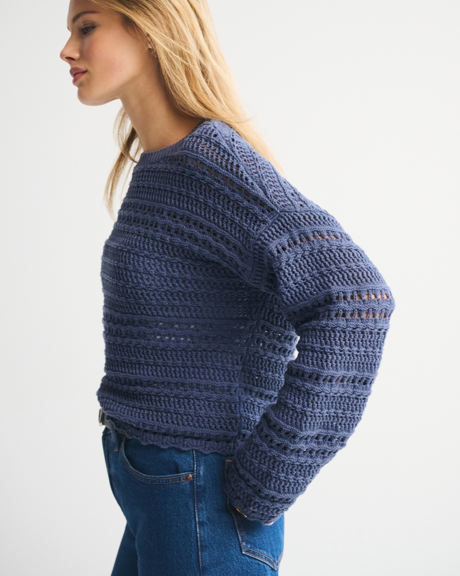 Textural Open-Stitch Crew Sweater