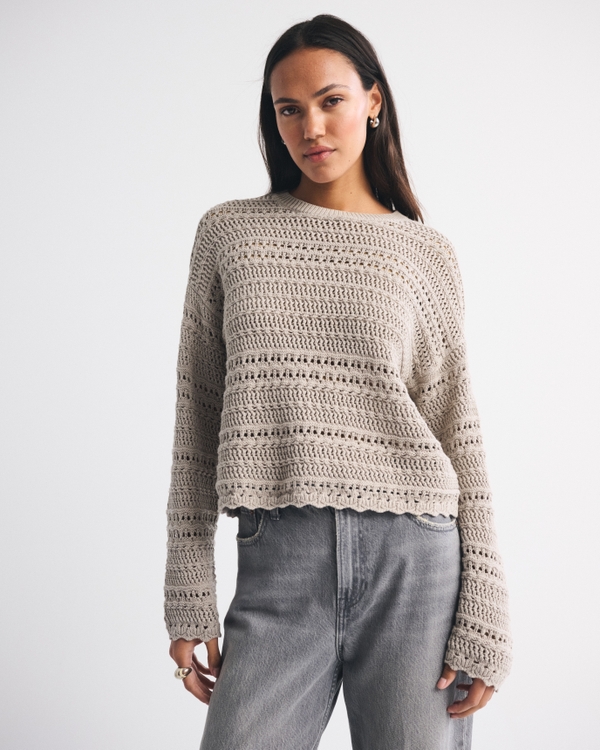 Textural Open-Stitch Crew Sweater