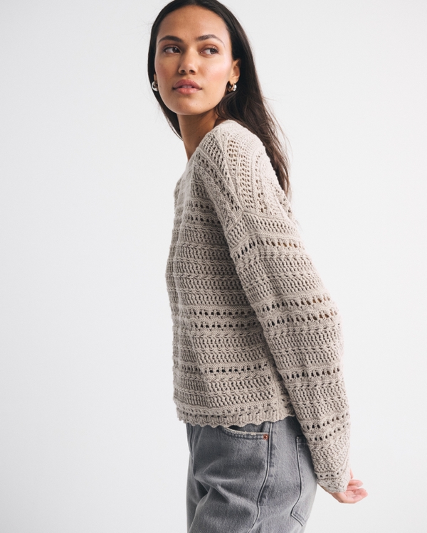 Textural Open-Stitch Crew Sweater