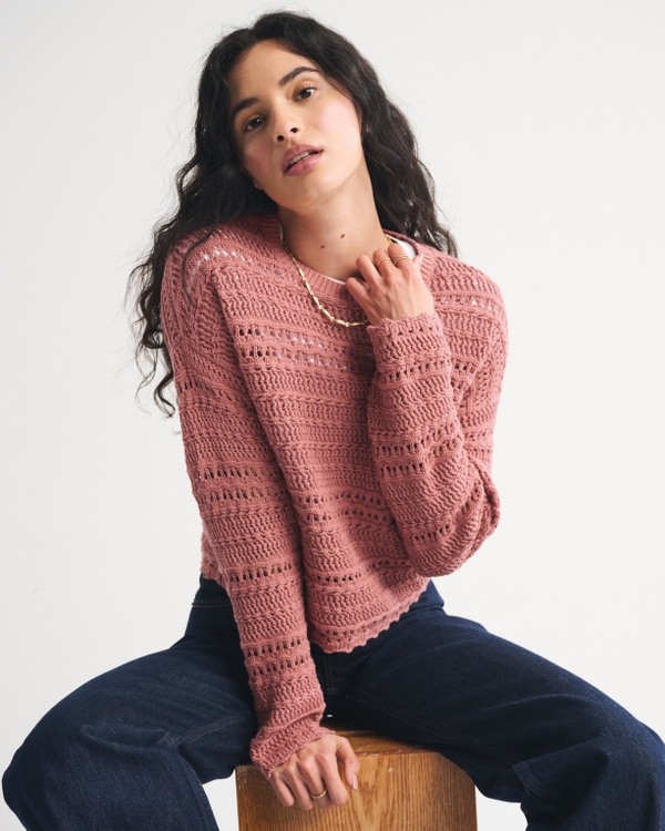 Textural Open-Stitch Crew Sweater, Brick Pink view 1
