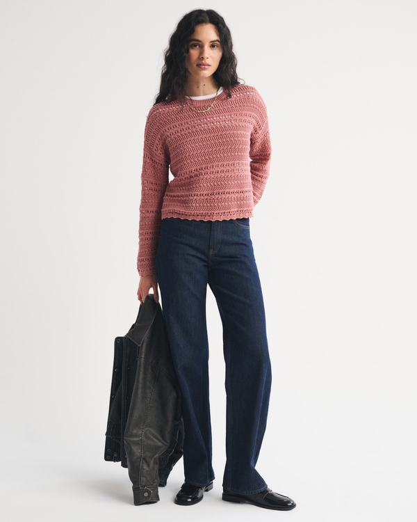 Textural Open-Stitch Crew Sweater, Brick Pink view 2