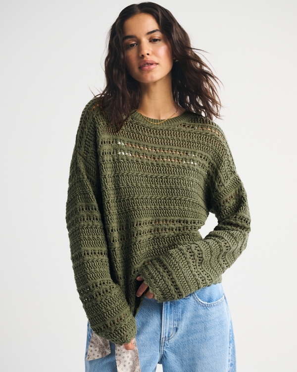 Open-Stitch Textural Crew Sweater, Olive Gray view 1