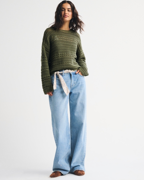 Open-Stitch Textural Crew Sweater, Olive Gray view 2