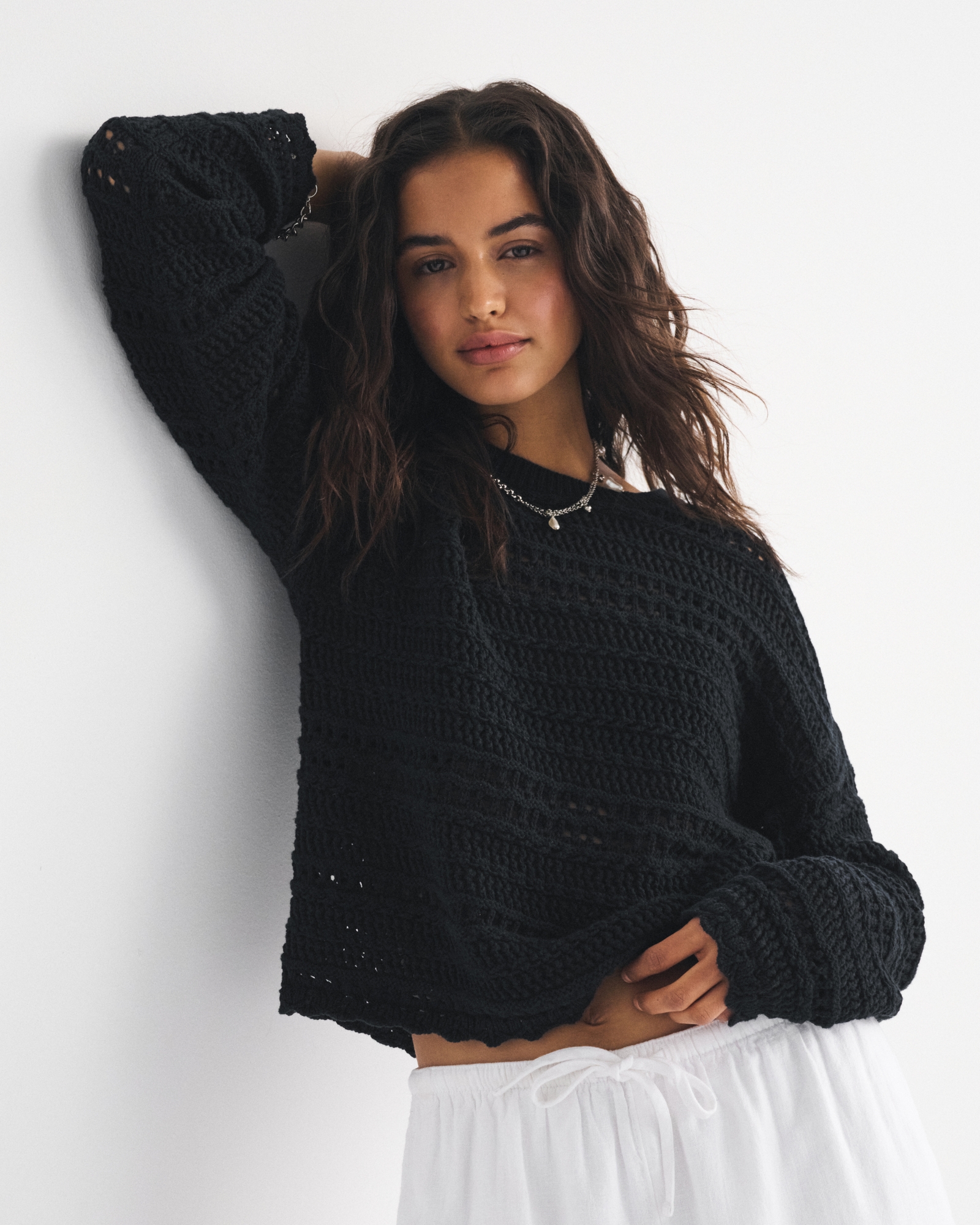 Open-Stitch Textural Crew Sweater