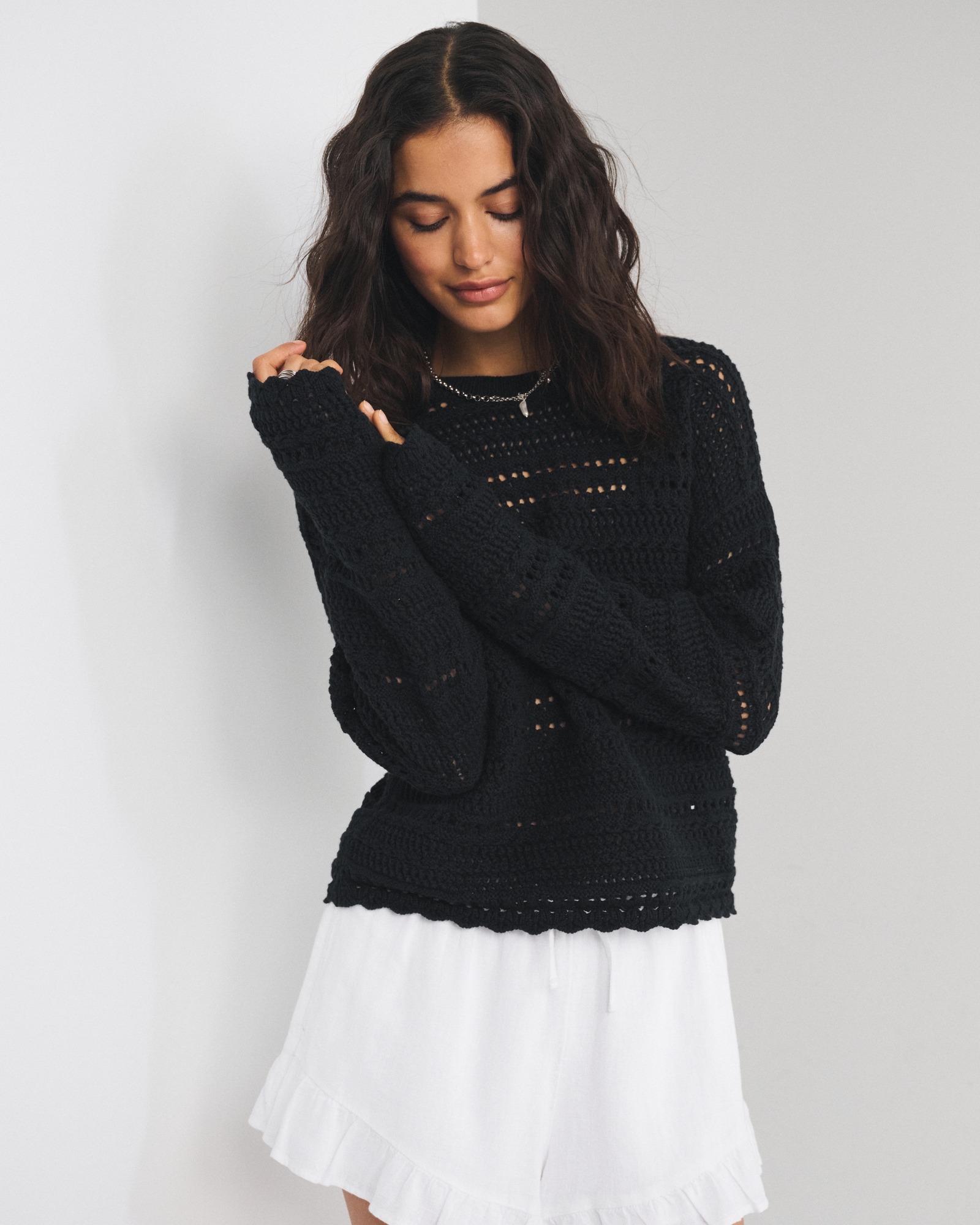 Open-Stitch Textural Crew Sweater