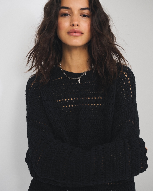 Open-Stitch Textural Crew Sweater