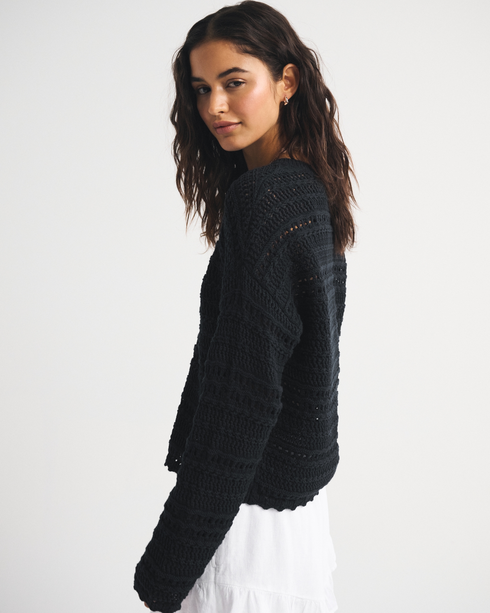 Open-Stitch Textural Crew Sweater
