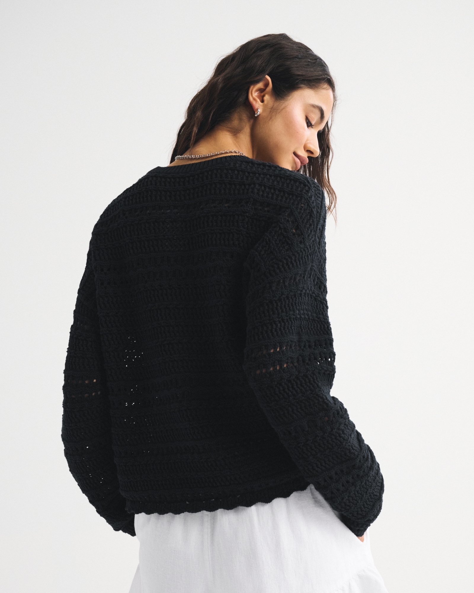 Open-Stitch Textural Crew Sweater