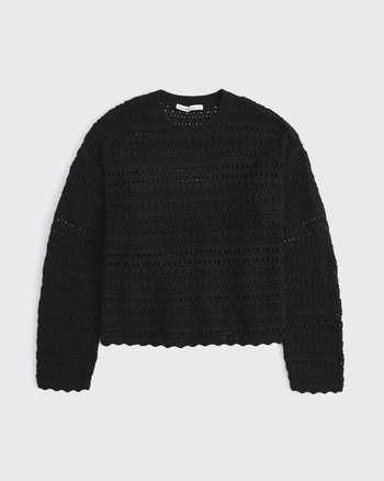 Open-Stitch Textural Crew Sweater