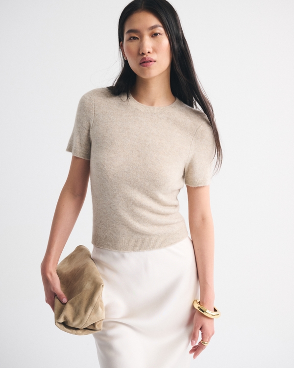 Merino Wool-Blend Sweater Tee, Light Taupe view 1