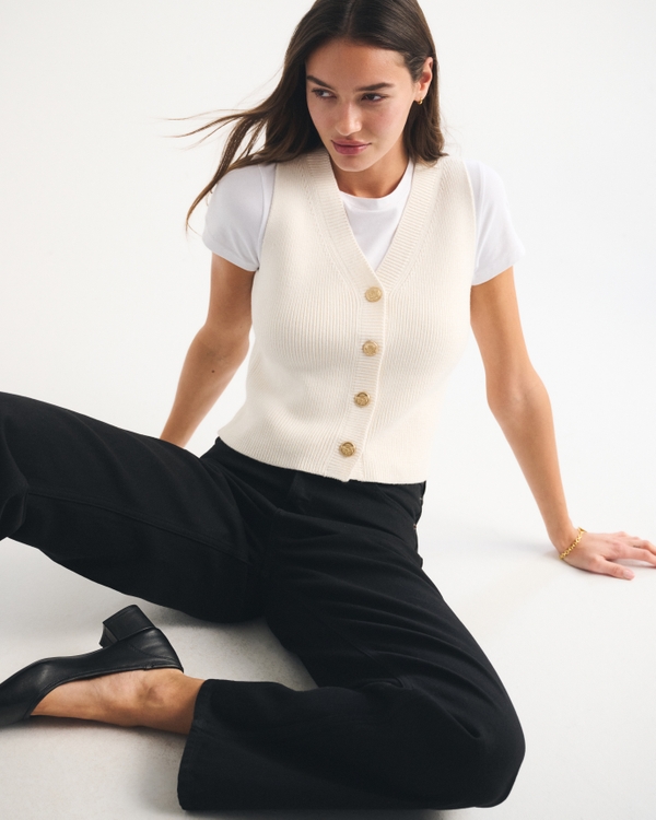  V-Neck Sweater Vest, Cream view 1