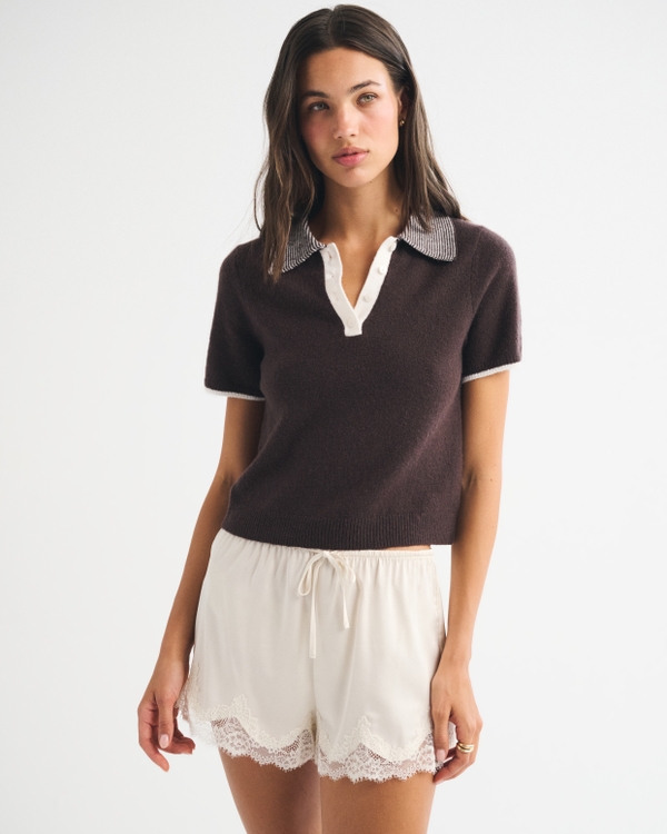 Merino Wool-Blend Sweater Polo, Dark Coffee view 2