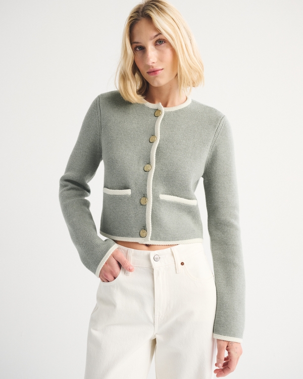 Collarless Sweater Jacket, Frosty Olive view 1