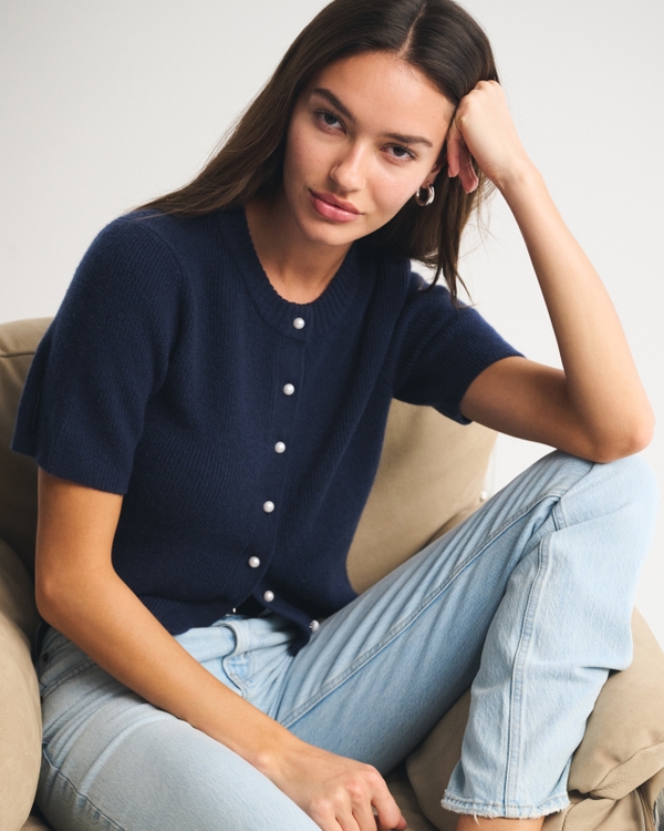 Merino Wool-Blend Short-Sleeve Cardigan, Dark Indigo view 1