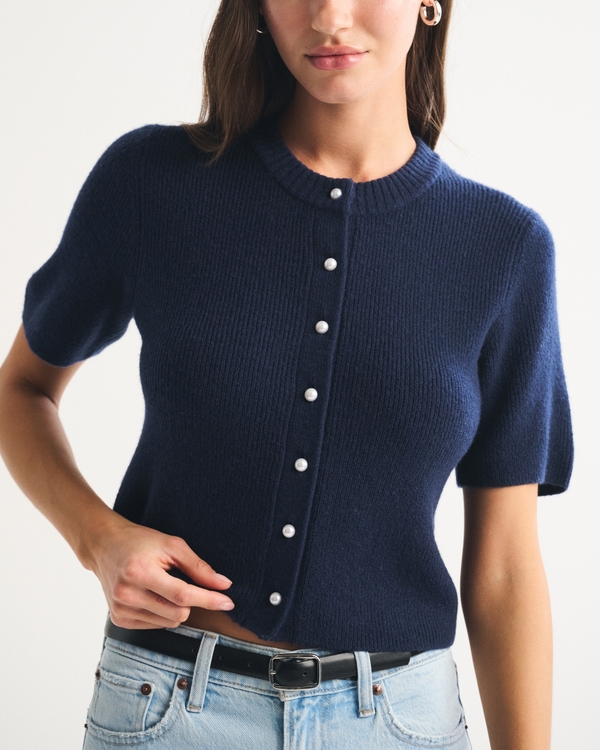 Merino Wool-Blend Short-Sleeve Cardigan, Dark Indigo view 2