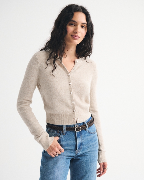 Merino Wool-Blend Shrunken Crew Cardigan, Oatmeal view 1